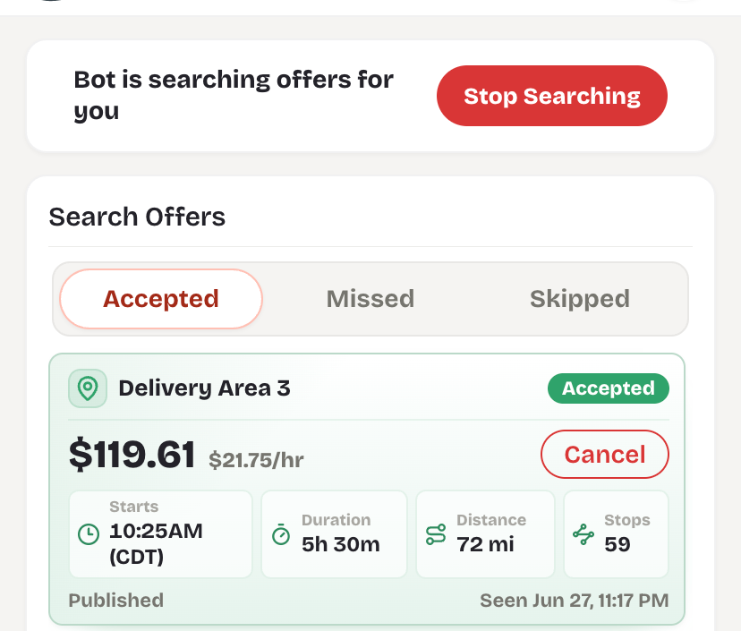 MagicHove accepted offers list showing route pay and distance