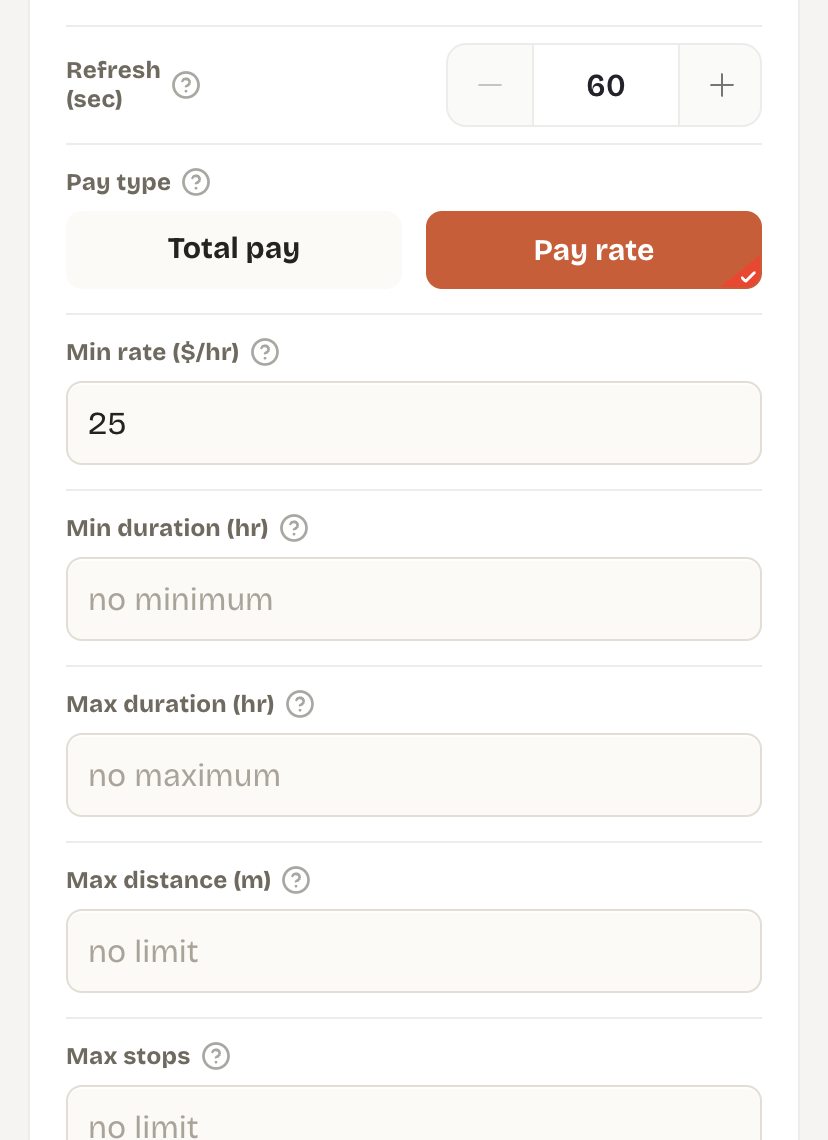 MagicHove Bot Search settings showing refresh interval, pay type, minimum rate, duration, distance, and stop limits