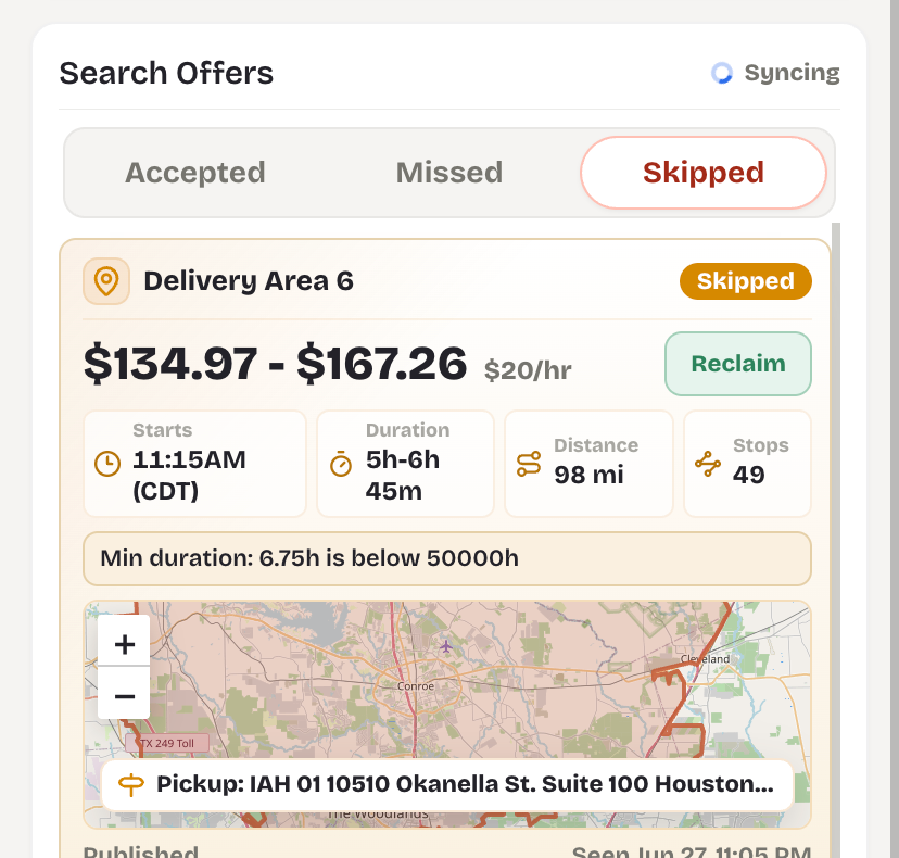 MagicHove skipped offers tab showing route map and pickup location
