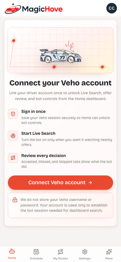 MagicHove onboarding screen for connecting a Veho account