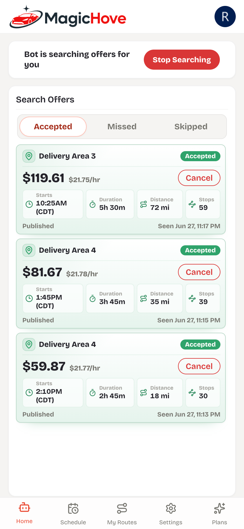 MagicHove Veho bot dashboard showing auto-accepted delivery offers
