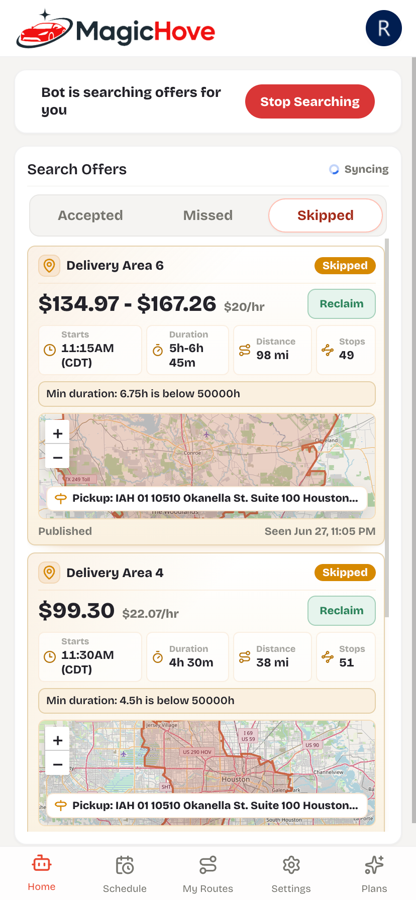 MagicHove Veho bot home screen showing skipped offers with route maps