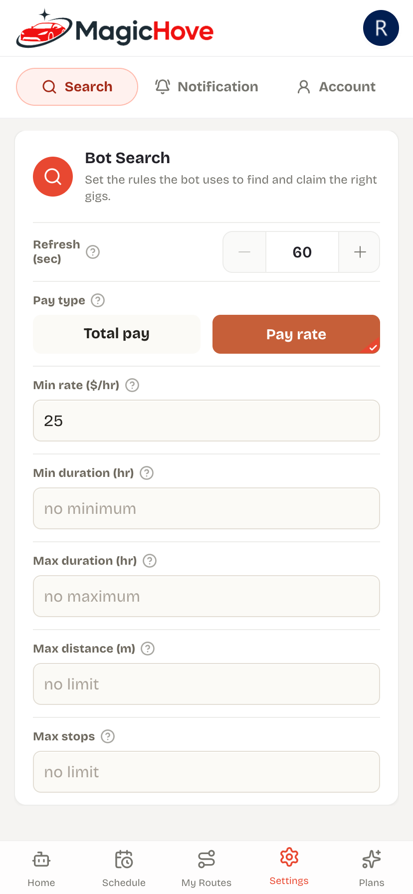 MagicHove Veho bot settings screen for pay-per-mile and distance filters
